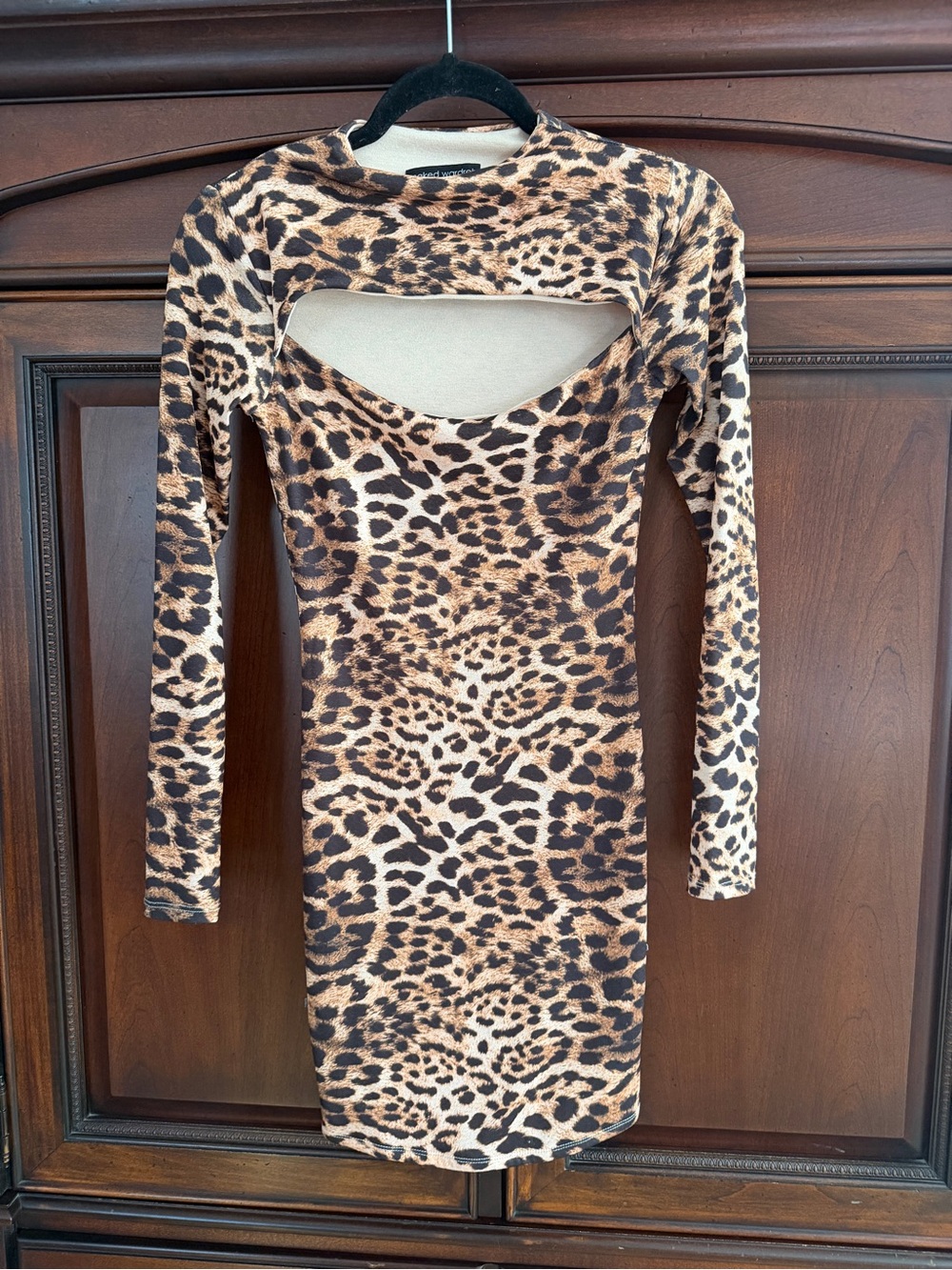 naked wardrobe Leopard Print Long Sleeve Cutout Bodycon Dress - Tan/Black
